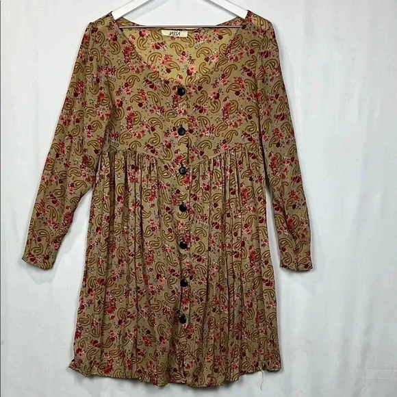 Jassa Wonens Dress 14 Gold Maroon 3/4 Sleeves Boho Floral Paisley Button Up EUC - Picture 1 of 14